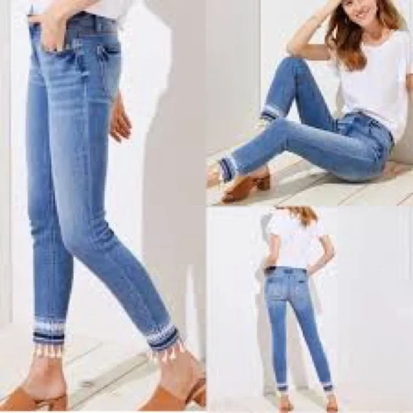 LOFT Tassel Hem Embroidered Boho Modern Skinny Ankle Jeans Size 27 / 4 - Picture 3 of 14